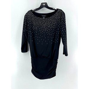 White House Black Market Women's Black 3/4 Sleeve Studded Shirt Top Size XXS